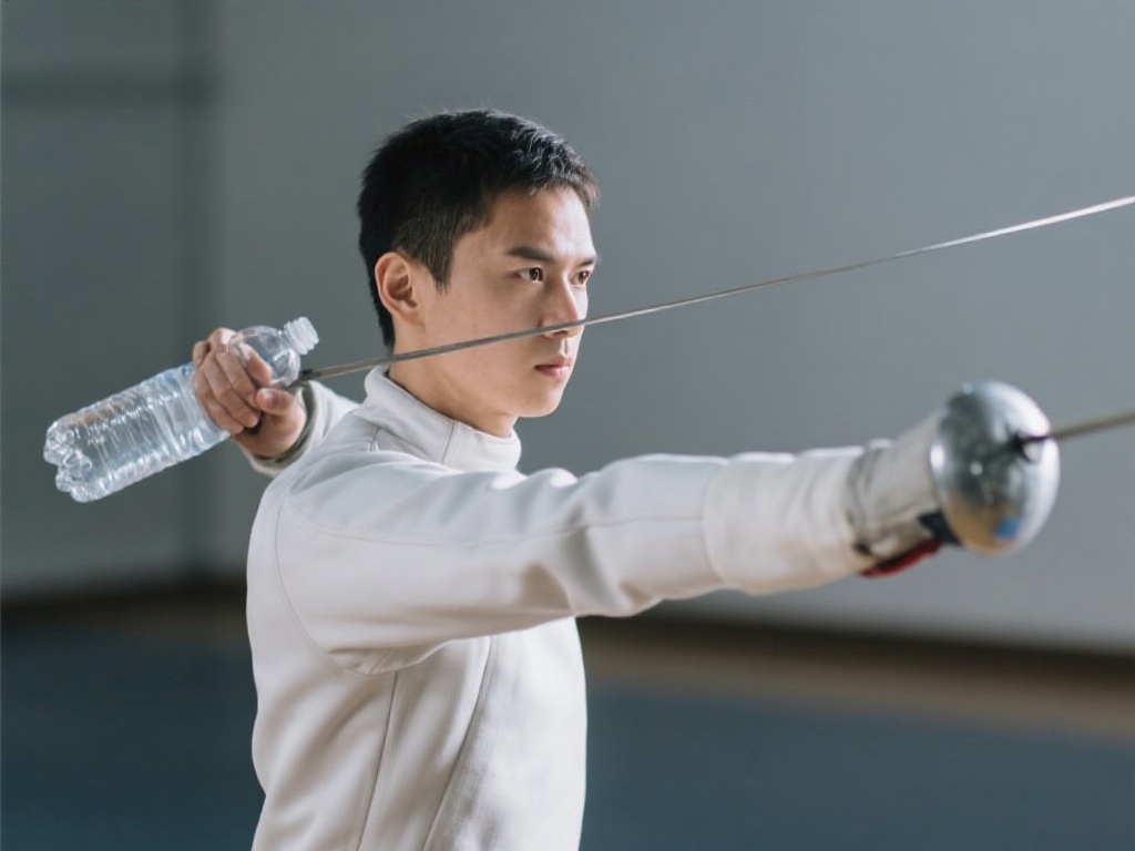 “清晨活力操:雷声引领击剑敏捷训练” 手臂协调练习:手持一个轻质物体(如矿泉水